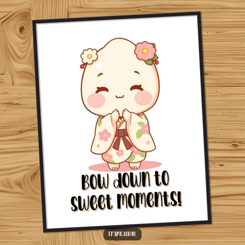 Funny Free Printable Mochi Wall Art: A happy mochi character in a floral kimono gracefully taking a bow, adding charm.