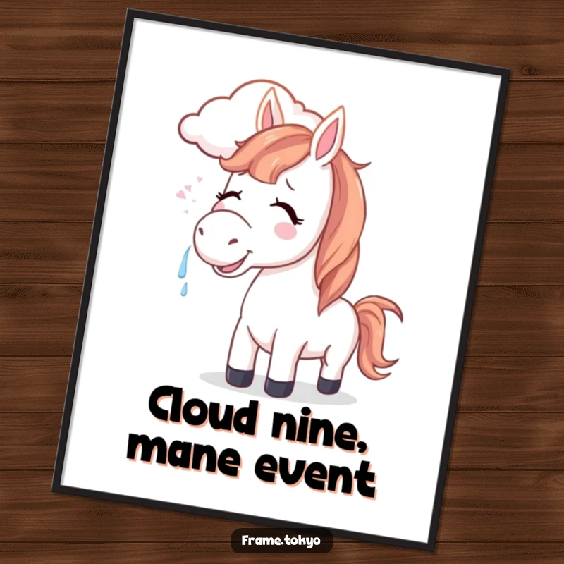 Funny Free Printable Wall Art: A horse with joyful tears its mane gently blown by a whimsical smiling cloud.