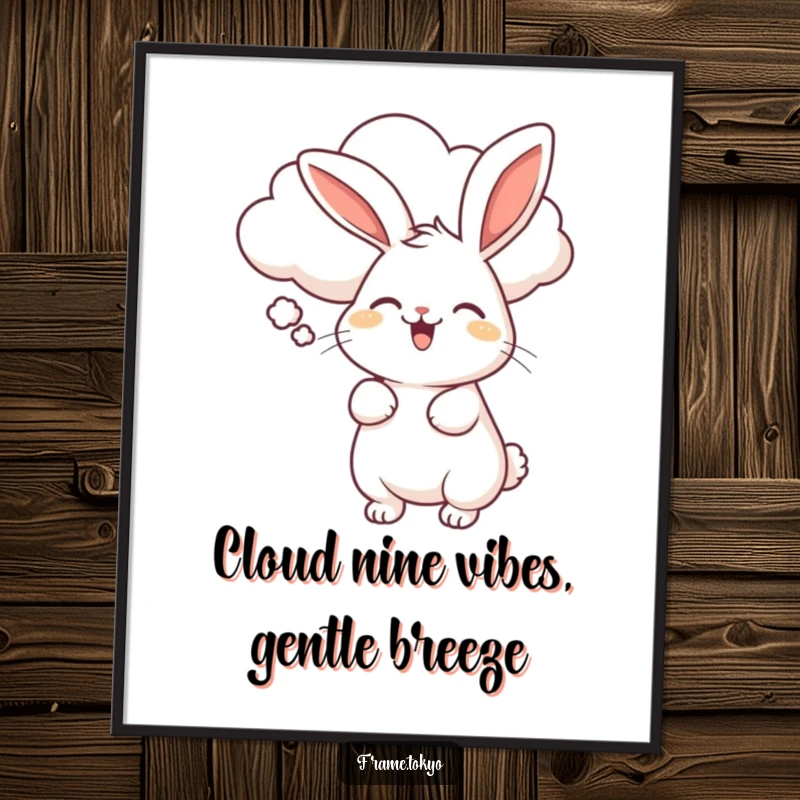 Funny Free Printable Wall Art: Rabbit with a delighted wiggle, gently blown by a smiling fluffy cloud, humorous downloadable illustration.