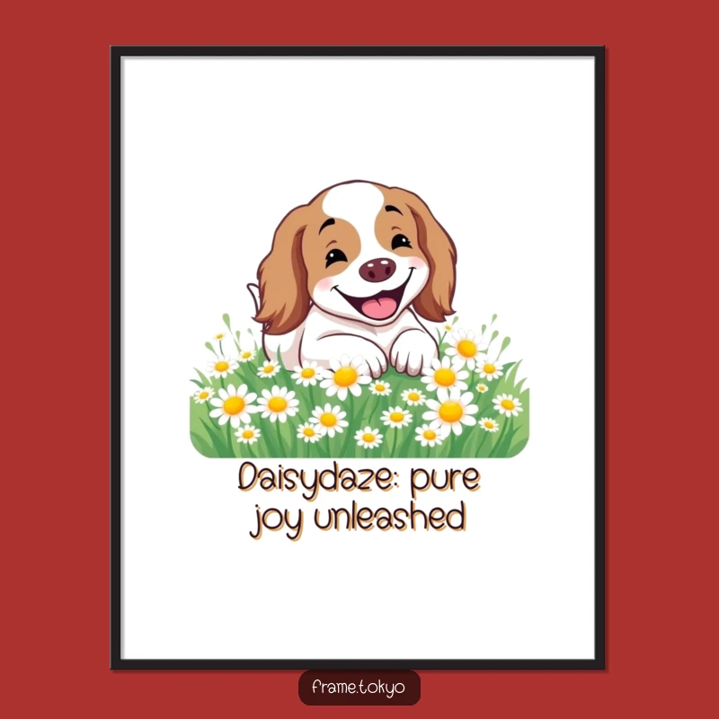 Funny Free Printable Wall Art: Happy Spaniel Rolling in Daisies - Cheerful Dog Downloadable Art