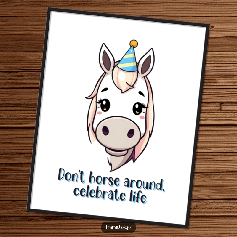 Funny Free Printable Wall Art: A dopey horse with a wide, silly smile and a tiny party hat, bringing joy to any room.