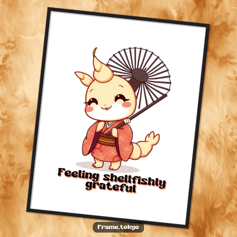 Funny Free Printable Wall Art: Kawaii tempura shrimp in a patterned kimono, humorously peeking from behind a fan, perfect for quirky decor.