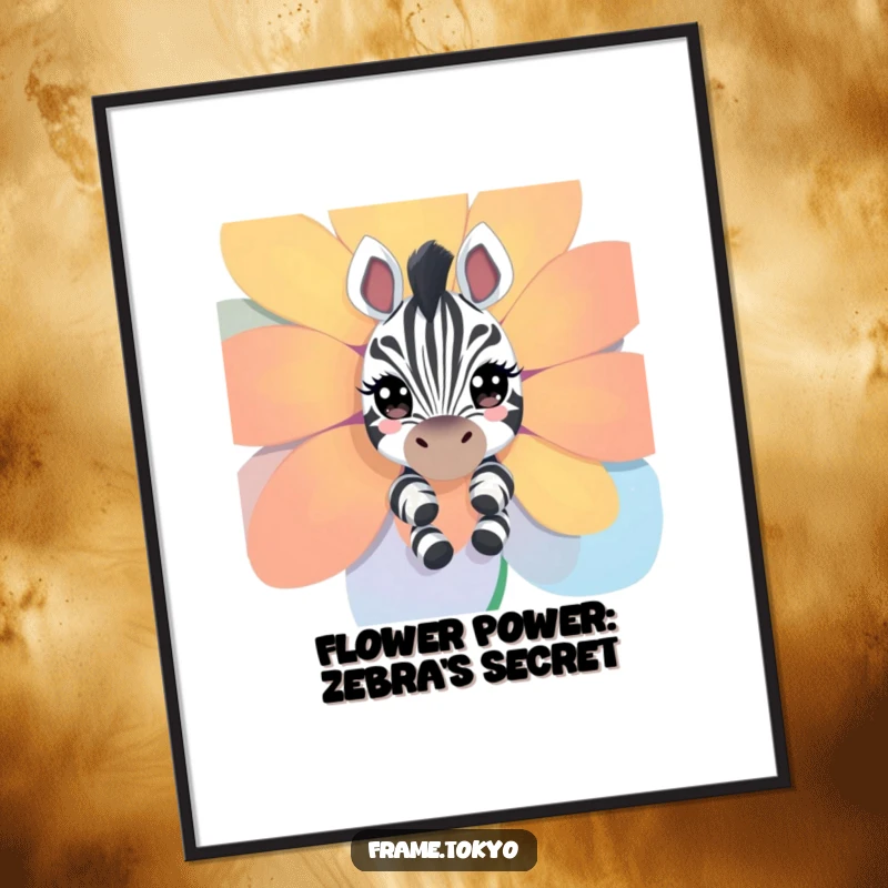 Funny Free Printable Wall Art: A curious zebra with sparkling eyes peeks playfully around a giant, vibrant flower.