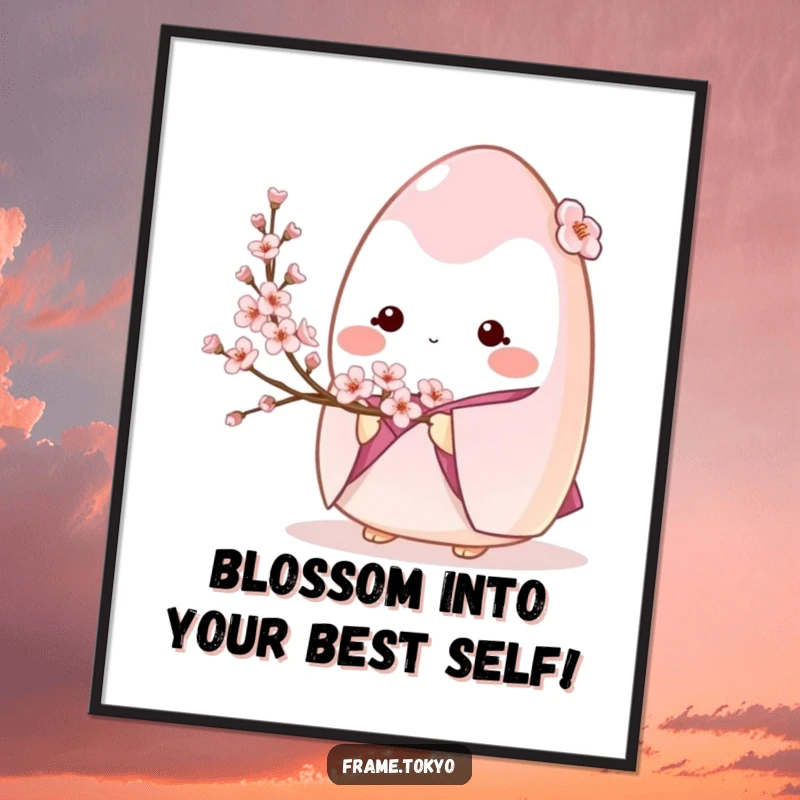 Funny Free Printable Onigiri Wall Art: A shy onigiri character in a kimono holding a delicate cherry blossom branch, adding gentle beauty.