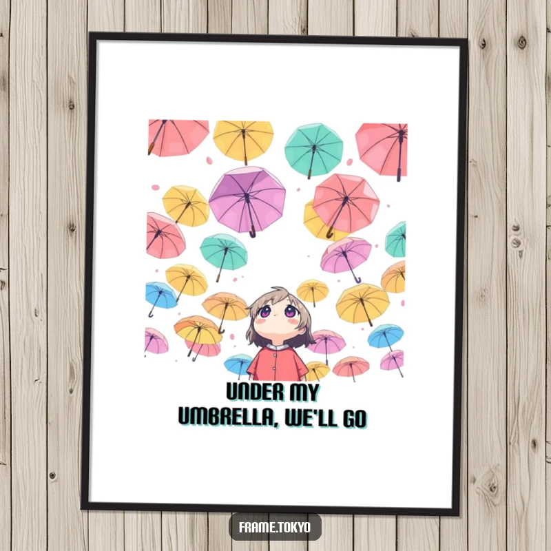 Funny Free Printable Wall Art: A character looking up in wonder at a vibrant sky dotted with floating, colorful umbrellas.