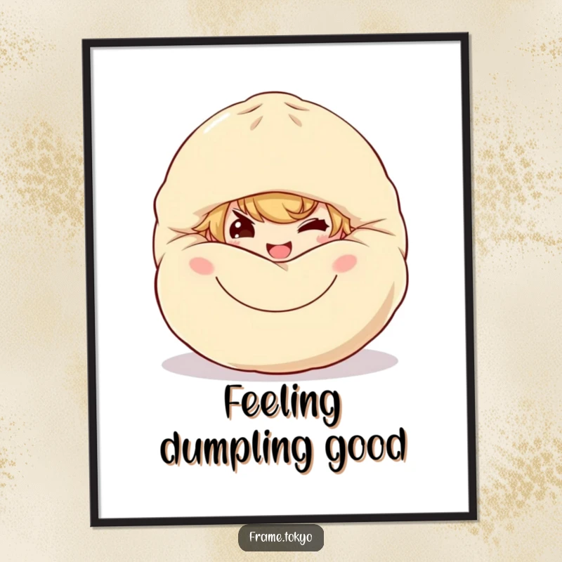 Funny Free Printable Wall Art: A character with a mischievous grin hides behind a giant, friendly, smiling dumpling.