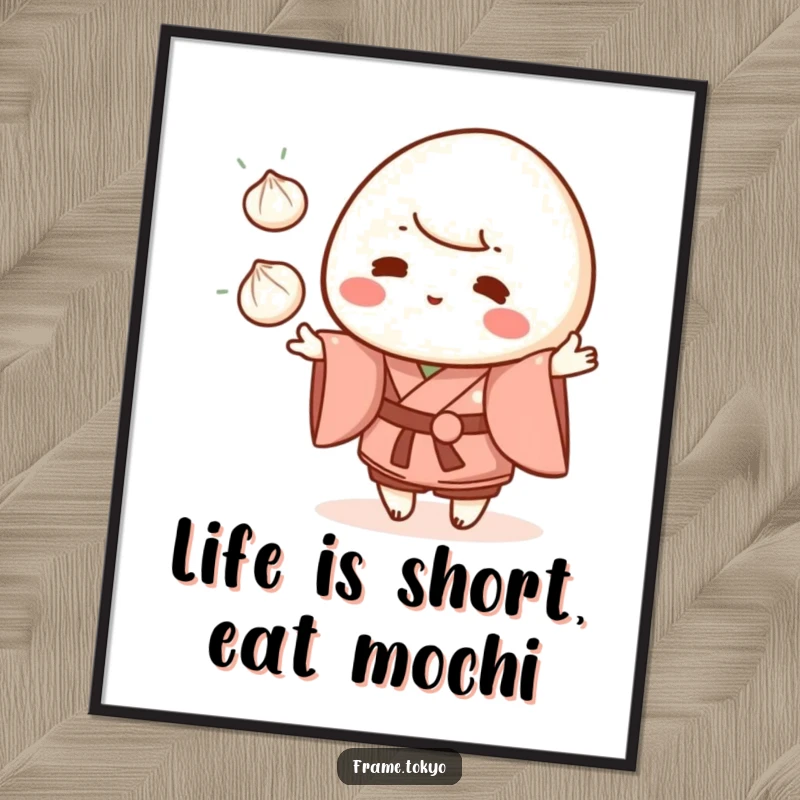 Funny Free Printable Wall Art: A humorous kawaii mochi character in a kimono juggles three dumplings, adding playful decor to any room.