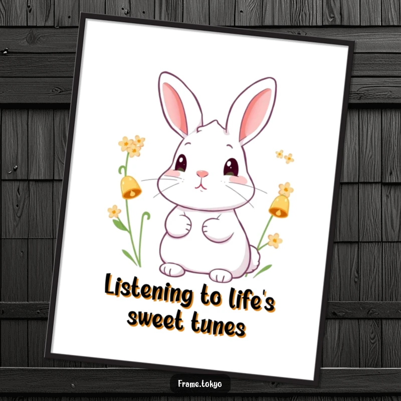 Funny Free Printable Wall Art: Rabbit with perked ears listening to tiny flower bells, a humorous and charming downloadable illustration.
