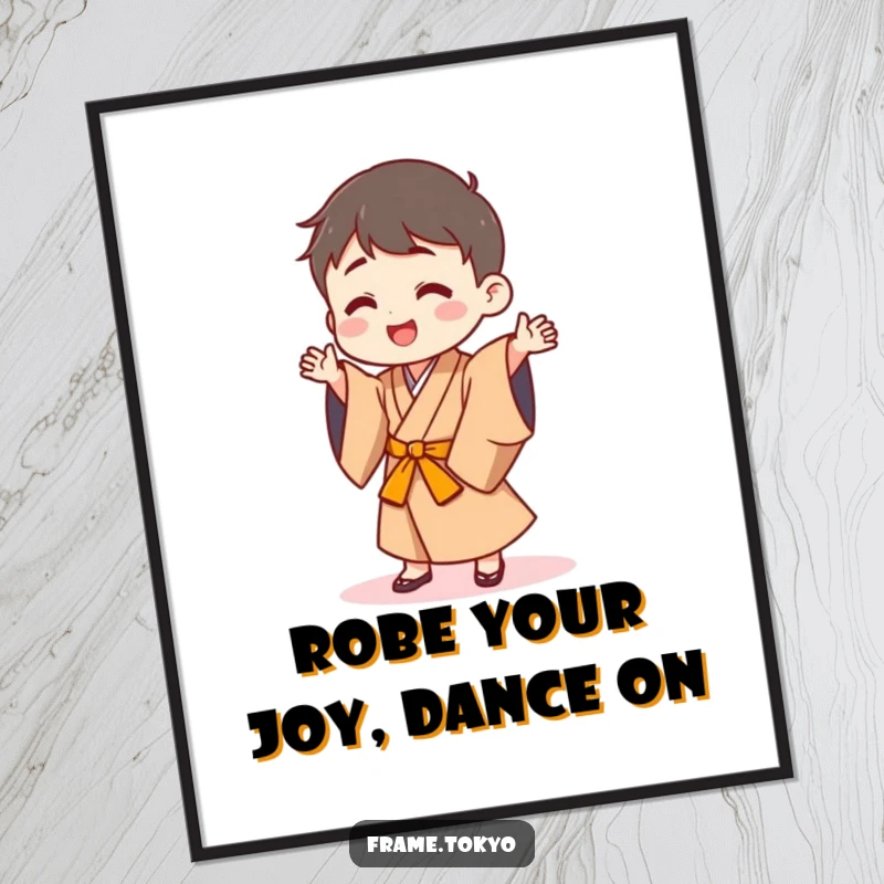 Funny Free Printable Wall Art: Small happy character in a traditional Japanese robe, doing a silly dance. Playful art, cultural charm.