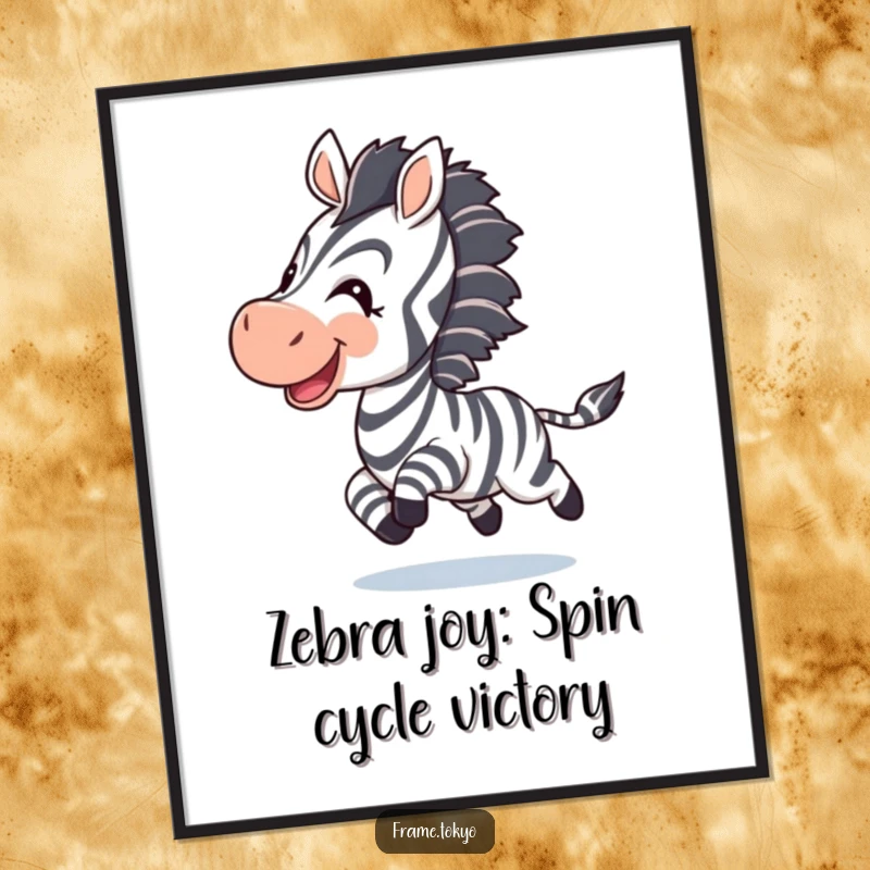 Funny Free Printable Wall Art: A joyful zebra enthusiastically chasing its striped tail, embodying pure fun.