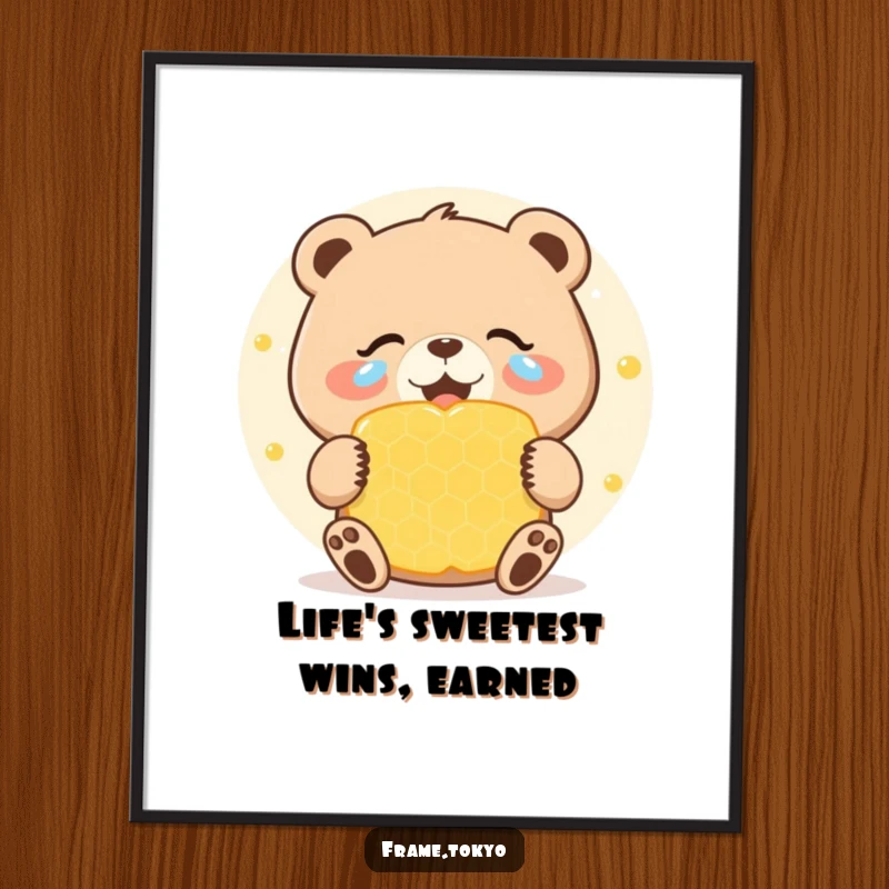 Funny Free Printable Wall Art: A bear with joyous tears embraces a massive, sweet honeycomb, depicting ultimate happiness and delicious satisfaction.