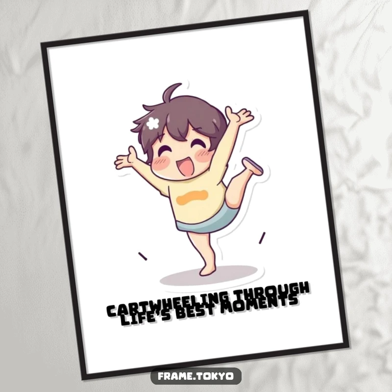 Funny Free Printable Wall Art: A character doing a cartwheel with explosive energy and an infectious, joyful spirit.