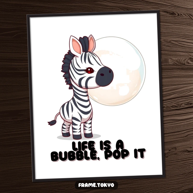 Funny Free Printable Wall Art: A curious zebra with a tilted head, sniffing a huge, iridescent floating bubble.