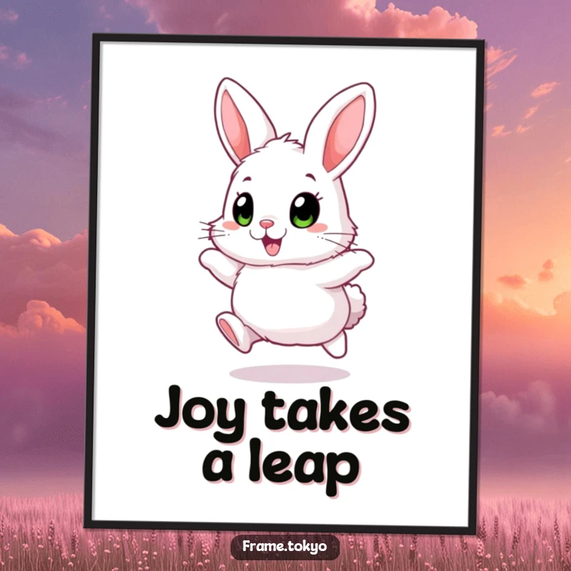 Funny Free Printable Wall Art: Fluffy rabbit with big, excited eyes, hopping joyfully, cute bunny illustration.
