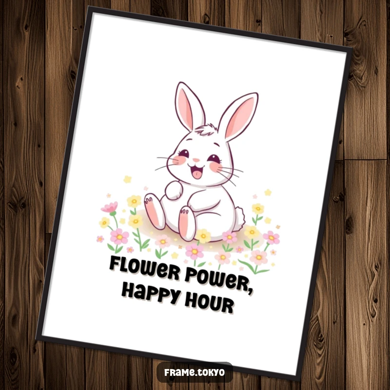 Funny Free Printable Wall Art: A rabbit with an ecstatic grin rolls freely in a field of tiny, glowing magical flowers.