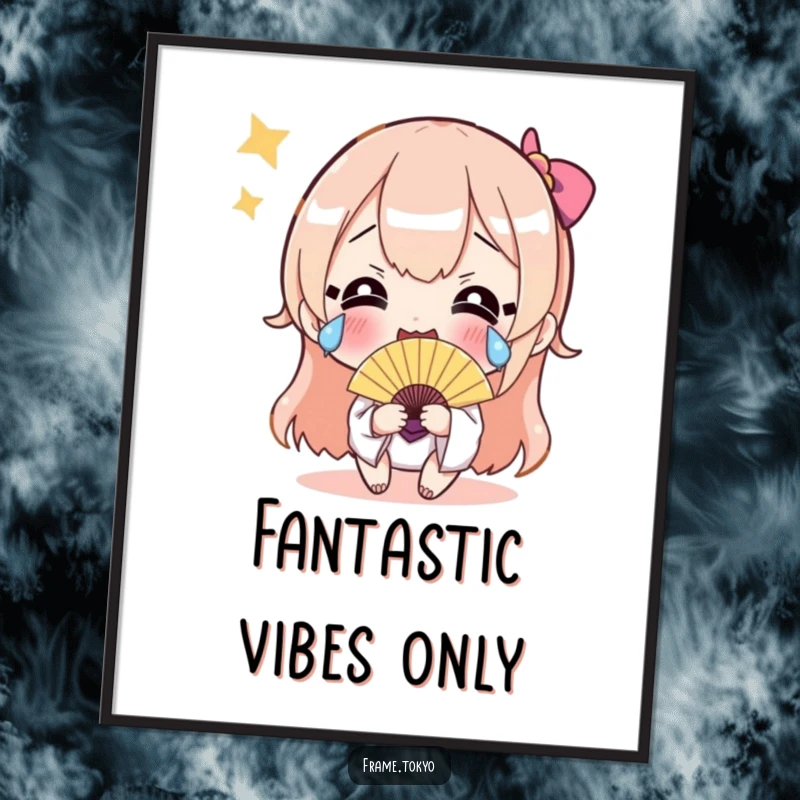 Funny free printable wall art: A character cries tears of joy while celebrating with a small, shimmering fan.