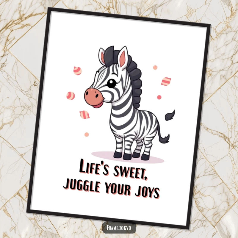 Funny Free Printable Wall Art: A zebra with a joyful wave, skillfully juggling small, striped candies, creating a whimsical scene.