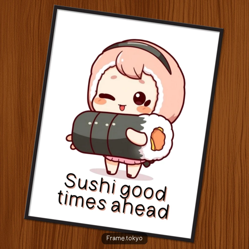 Funny free printable wall art: A character winks playfully while holding a long sushi roll, adding quirky decor.
