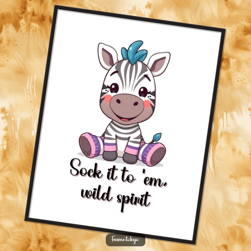Funny Free Printable Wall Art: A zebra with a wide, silly grin, proudly displaying its oversized, mismatched socks, bringing humor.
