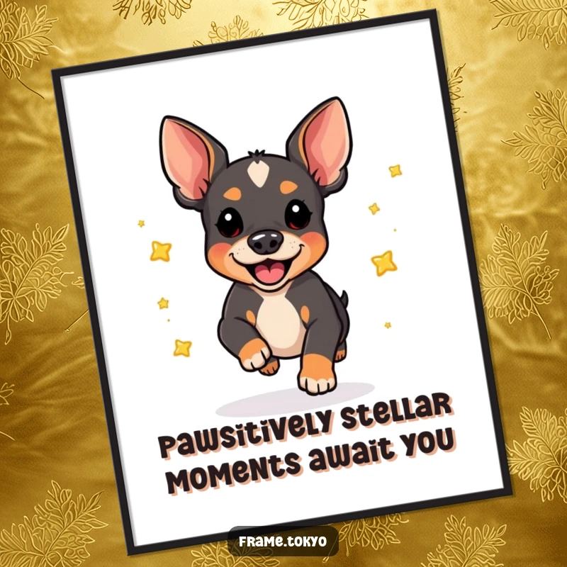 Funny Free Printable Wall Art: A pinscher leaps joyfully, scattering a shower of shiny stars.