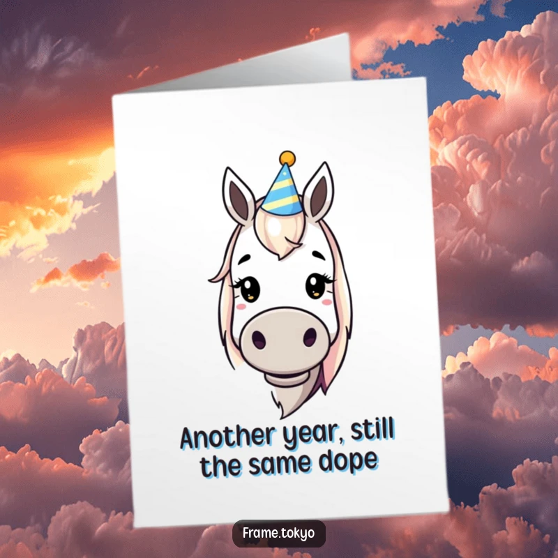 Funny Free Printable Birthday Card: Dopey horse wearing a tiny party hat, smiling widely, ready to celebrate.