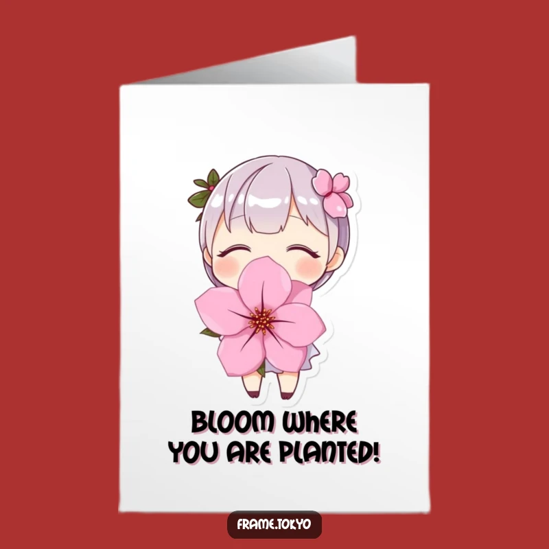 Free Printable Birthday Card: Smiling Character with Cherry Blossom, Funny Downloadable Gift