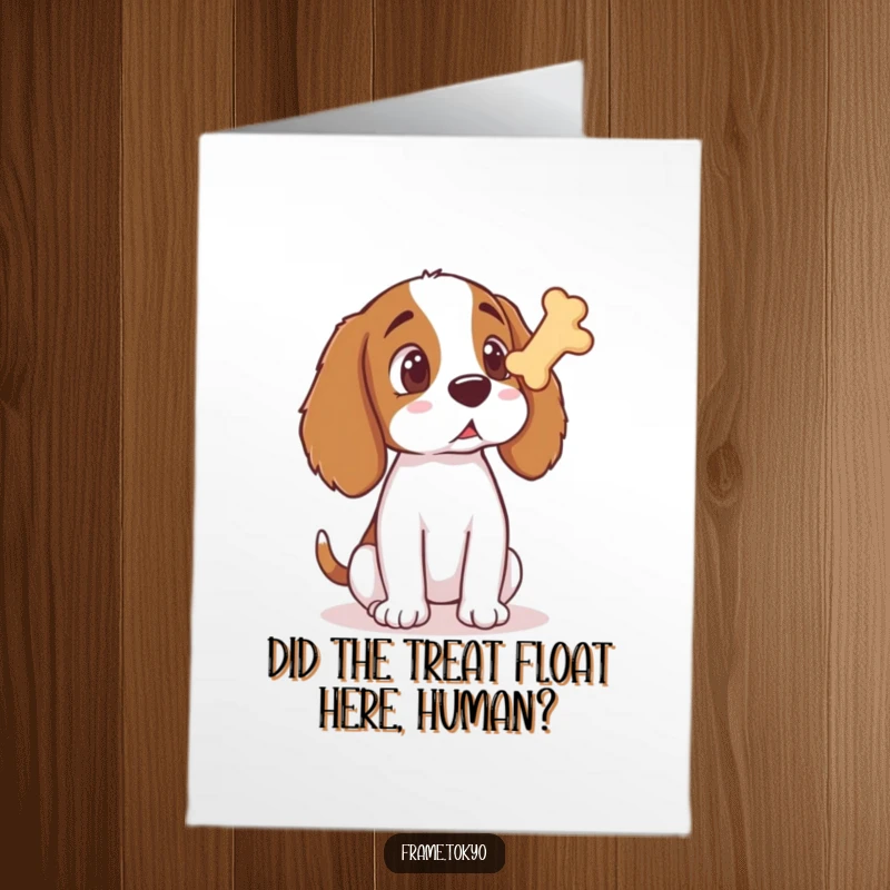 Funny Free Printable Birthday Card of a shocked spaniel staring at a levitating bone treat, perfect for a laugh.
