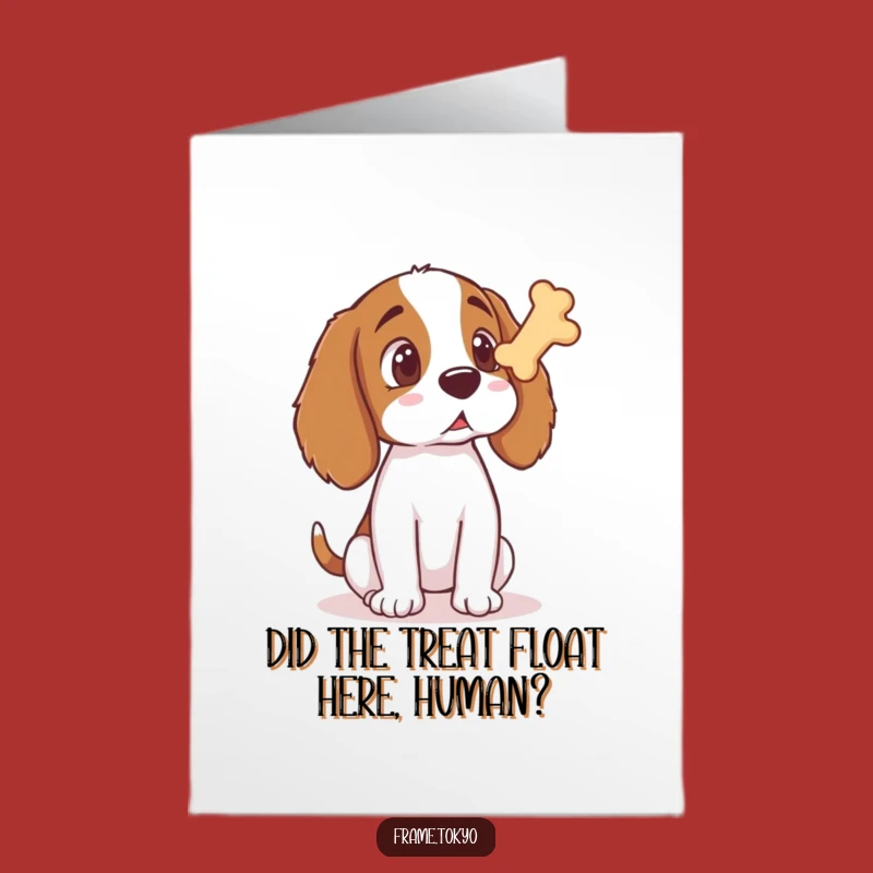 Funny Free Printable Birthday Card: Surprised Spaniel & Floating Bone Treat Downloadable Gift