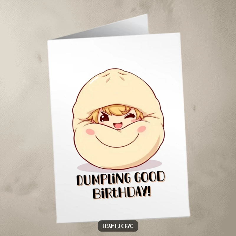 Funny Free Printable Birthday Card: A character with a mischievous grin peeks out from behind a huge, happy dumpling.