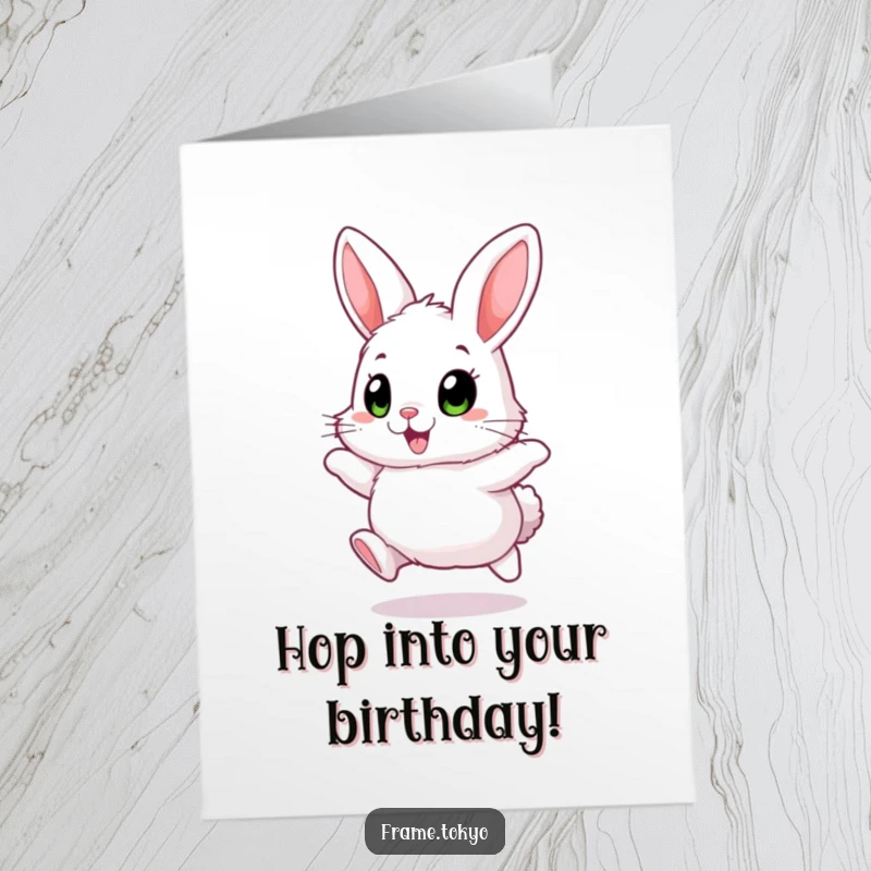 Funny Free Printable Happy Birthday Card: Fluffy rabbit with big, excited eyes, hopping joyfully, cute bunny.