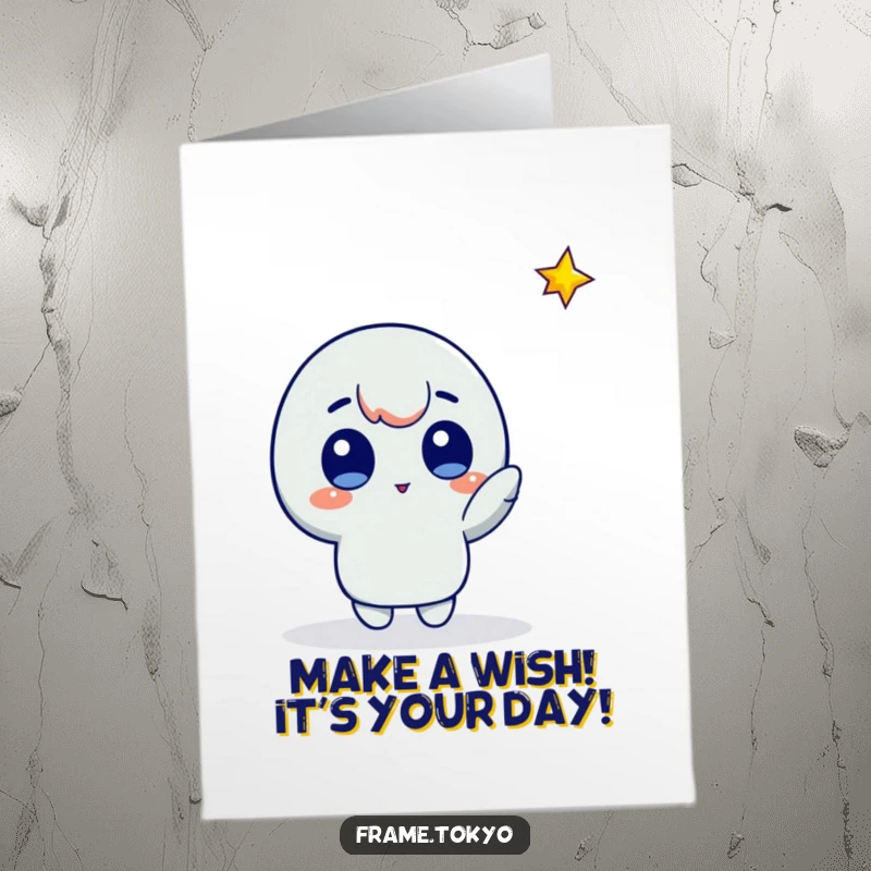Funny Free Printable Birthday Card: A character with wide, amazed eyes points upwards at a bright falling star.
