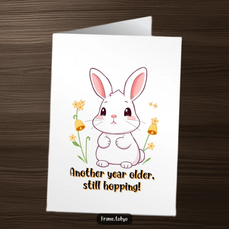 Funny Free Printable Birthday Card: Rabbit with perked ears intently listening to tiny, bell-shaped flowers, a humorous downloadable greeting.
