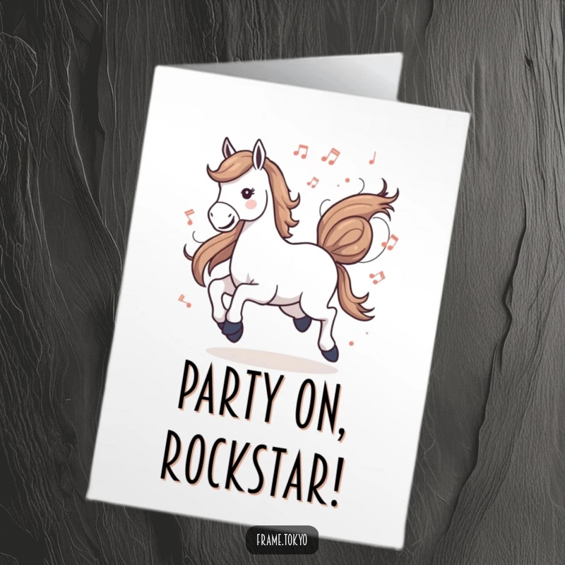 Funny Free Printable Birthday Card: A horse gallops happily with colorful, abstract musical notes swirling around its joyful stride.