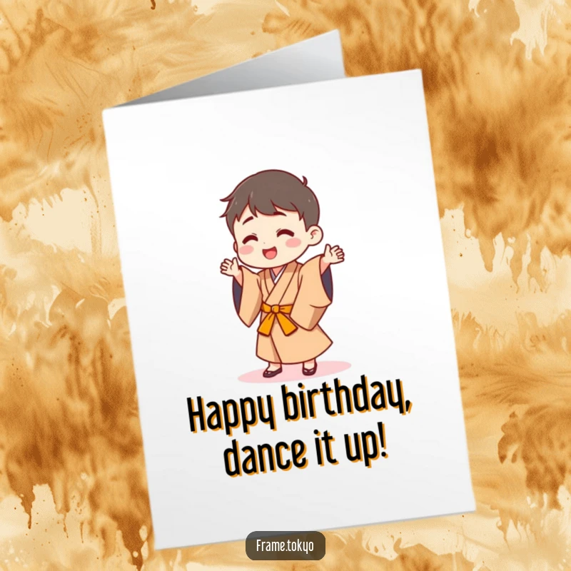 Funny Free Printable Birthday Card: Small happy character in a traditional Japanese robe, doing a silly, joyful dance. Festive and fun.