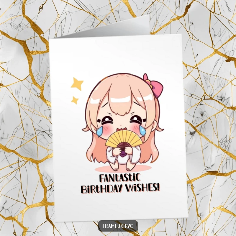 Funny free printable birthday card: A character cries happy tears while waving a small, shimmering fan in celebration.