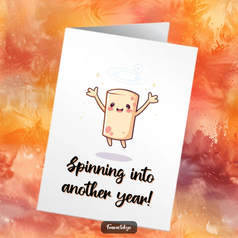 Funny Free Printable Birthday Card: A cylindrical character spins with arms out, surrounded by sparkles.