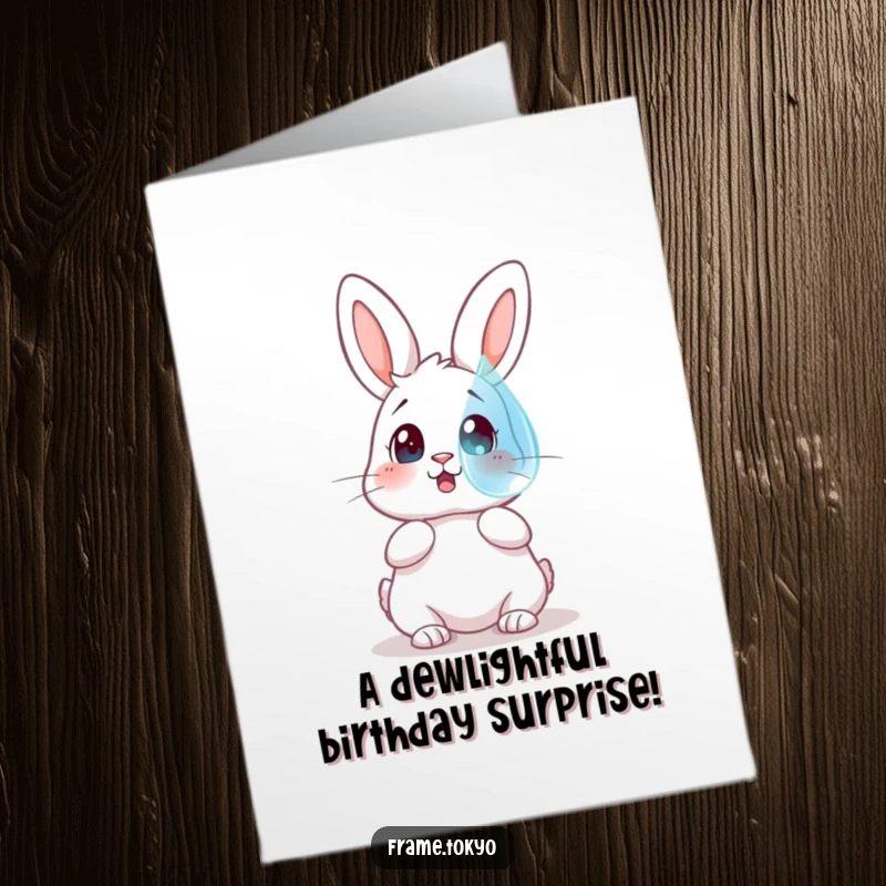 Funny Free Printable Birthday Card: A rabbit shows a surprised expression, eyes wide, looking up at a huge, floating dewdrop.