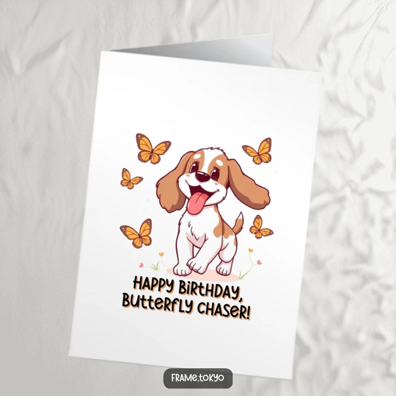 Funny Free Printable Birthday Card: A spaniel with its tongue out happily chases colorful animated butterflies.