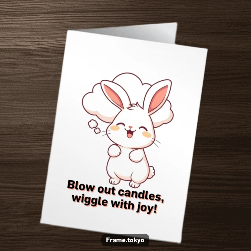 Funny Free Printable Birthday Card: Rabbit wiggling with delight, gently blown by a smiling fluffy cloud, humorous downloadable greeting.