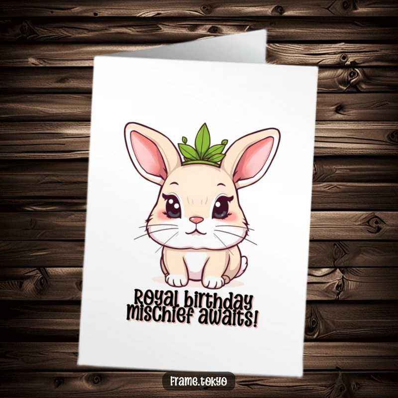 Funny Free Printable Birthday Card: Mischievous rabbit wearing a tiny leaf crown, with a sly, playful look.