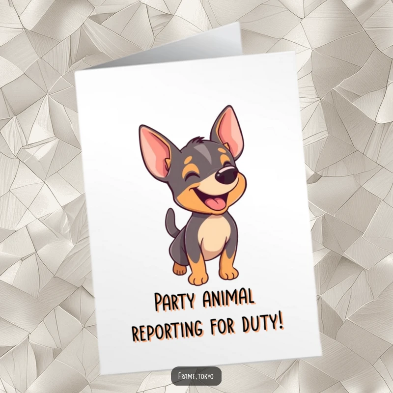 Funny Free Printable Pinscher Birthday Card: A happy Pinscher with its mouth open in a bark and tail wagging wildly.