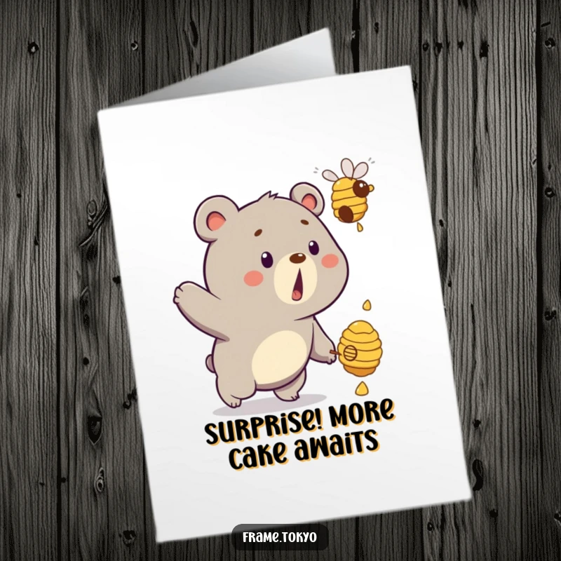Funny Free Printable Bear Birthday Card: Surprised bear chasing a floating, dripping beehive, downloadable birthday chaos.