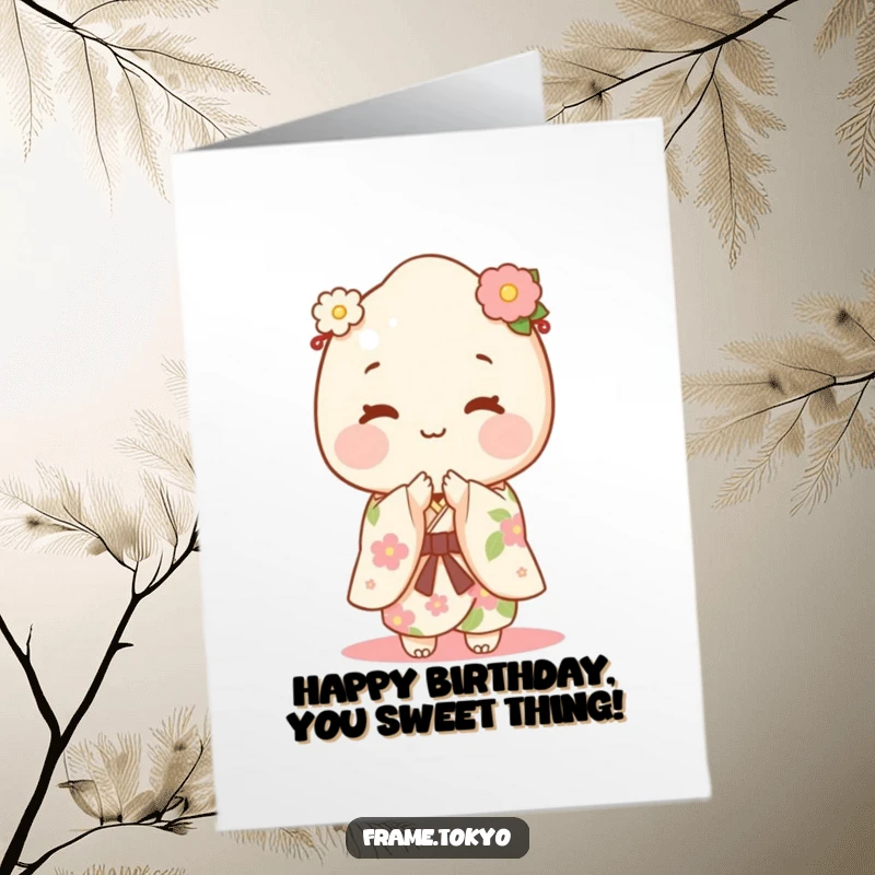 Funny Free Printable Mochi Birthday Card: Happy mochi character in floral kimono gracefully bowing to wish you a happy birthday.