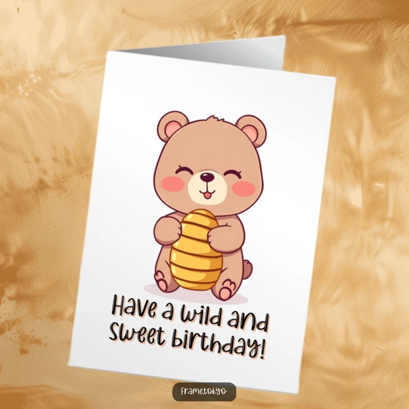 Funny Free Printable Birthday Card: A bear with a playful wink expertly balances a tiny, spinning honey dipper, showcasing mischievous charm.