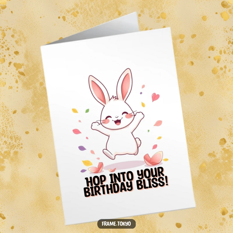 Funny Free Printable Birthday Card: A rabbit leaping with pure joy, surrounded by a shower of colorful abstract petals.