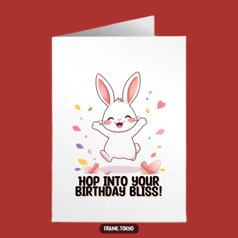 Free Printable Funny Birthday Card: Joyful Rabbit Petal Leap Downloadable
