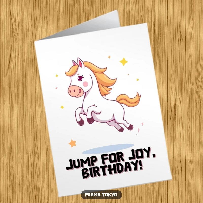 Funny Free Printable Birthday Card: Horse doing a huge, happy jump with abstract stars scattering everywhere.