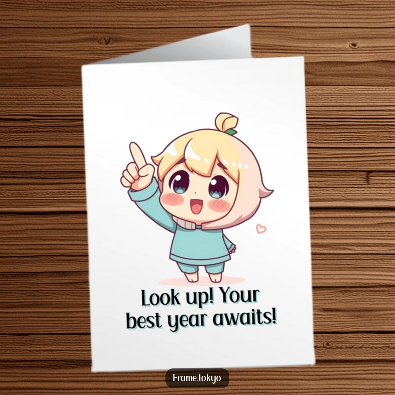 Funny Free Printable Birthday Card: Character excitedly pointing upwards with a wide-eyed look of pure wonder and amazement.