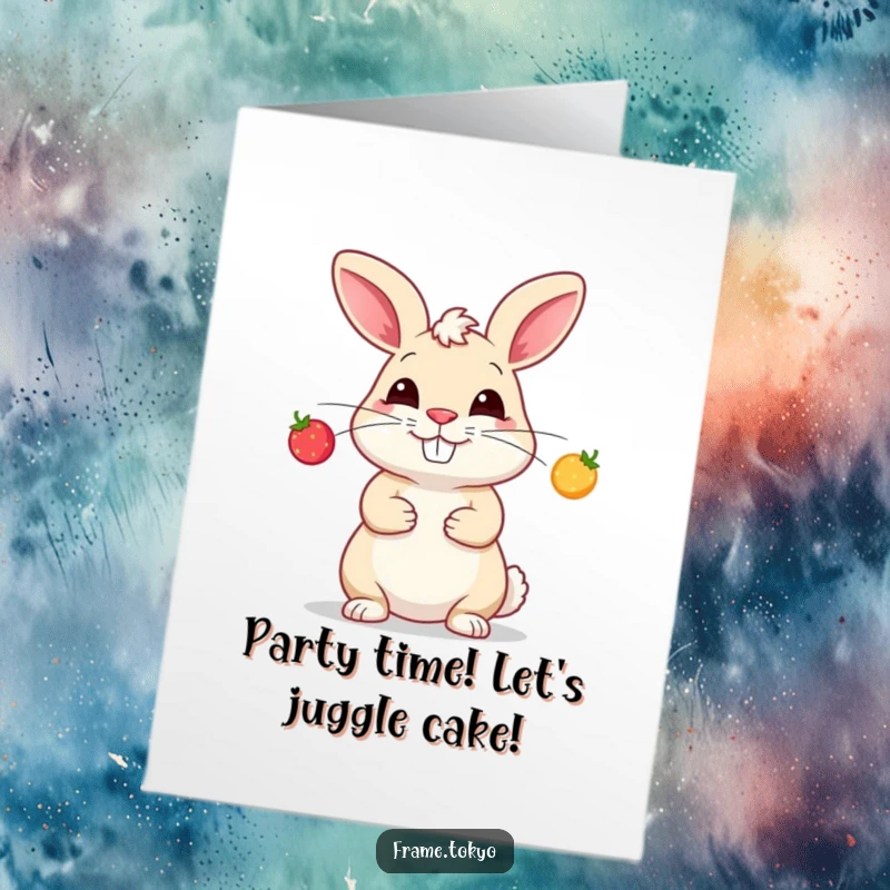Funny Free Printable Birthday Card: A rabbit with a silly grin juggling three tiny, glowing berries, a humorous downloadable greeting.