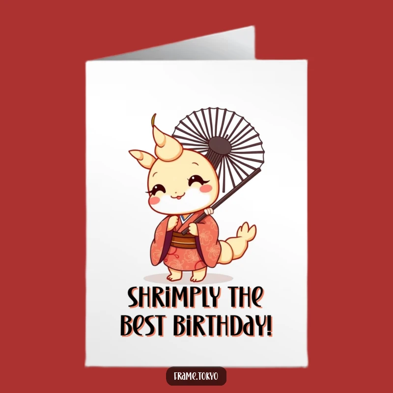 Free Printable Birthday Card: Funny Kawaii Shrimp Peeking Kimono Fan Downloadable Gift